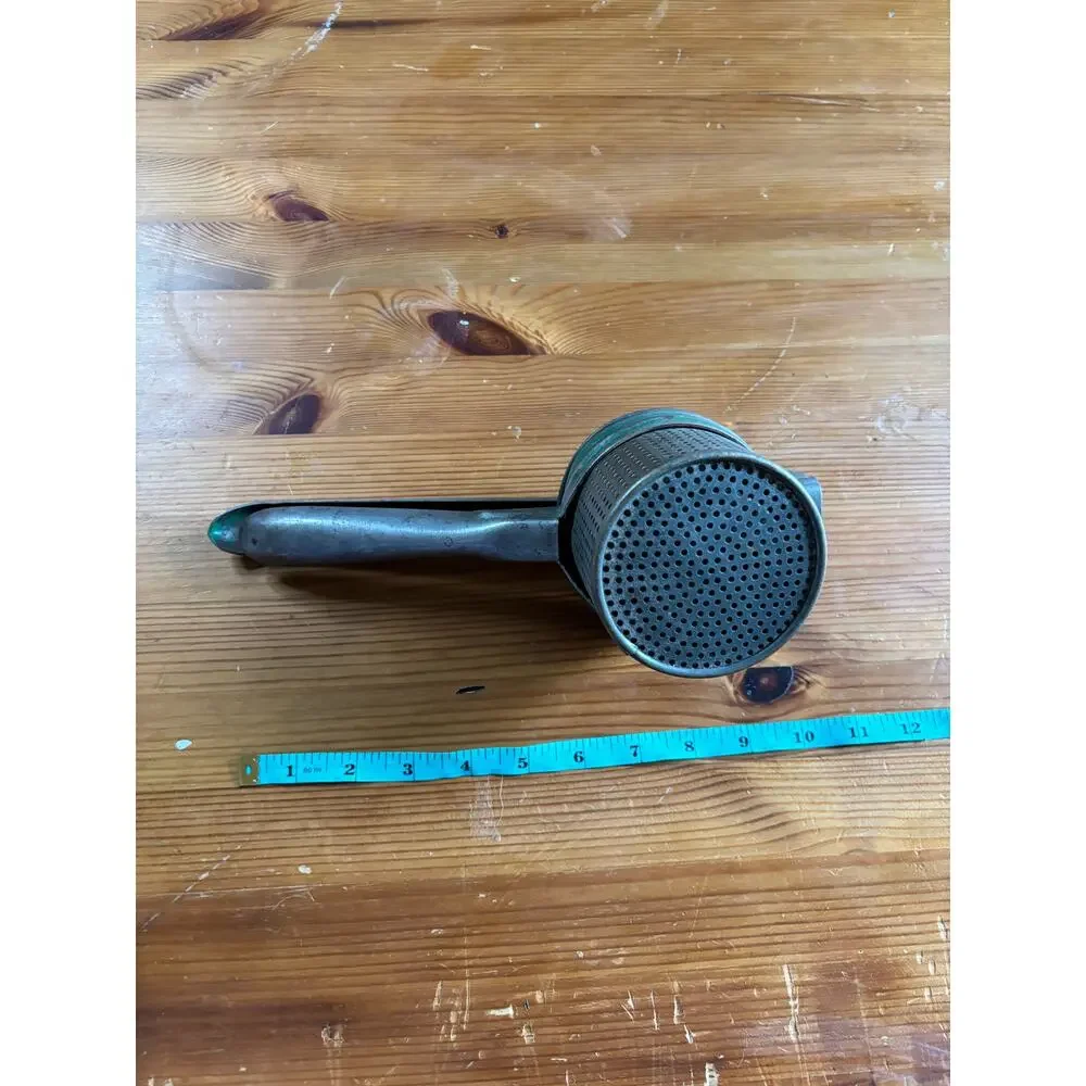 Vintage 1950s Metal Potato Ricer Green Handle Mid Century Modern Kitchen Tool